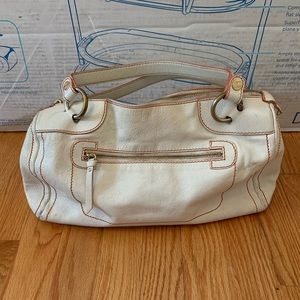 White Celine Handbag Orange Trim Gold Hardware